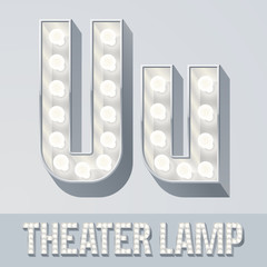 Vector light up white alphabet, Theater lamp graphic font. Letter U