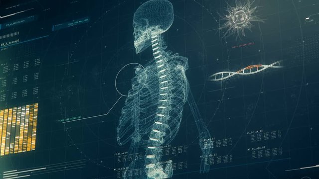 Lab DNA analysis in progress, body scan on screen, genetic disorder research. Medical software interface with DNA scan results, anomaly detected, lab equipment