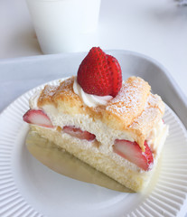 A piece of Strawberry cake in the cafe at Hokkaido, Japan