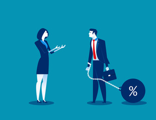 Woman talking to businessman chain bound hands. Concept business vector illustration. Character flat design.