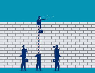 Extended business leader looking over brick wall. Concept business vector illustration.