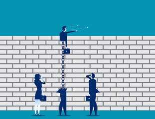 Extended business leader looking over brick wall. Concept business vector illustration.