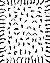 Black silhouettes of hands in various positions on a white background