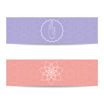 Yoga class template. Set of horizontal pink and purple flyers with chakra and mandala symbols. Design for yoga class, studio, center, classes, magazine, invitation, gift certificate and presentation