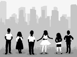 Vector, isolated, silhouette of children against city background