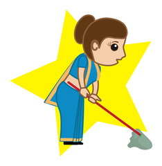 Cartoon Indian Woman Sweeping Home