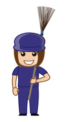 Happy Female Cartoon Sweeper Standing with Broom