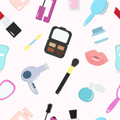 A seamless pattern of cosmetics with lipstick, nail polish, mascara, hairbrush, face cream, eye shadow, perfume, hair dryer and lips.