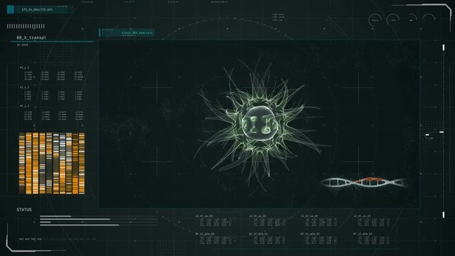 DNA virus scan on screen, forensic research, HIV, cancer treatment, biochemistry. Medical software interface with DNA scan results, virus detected, lab equipment