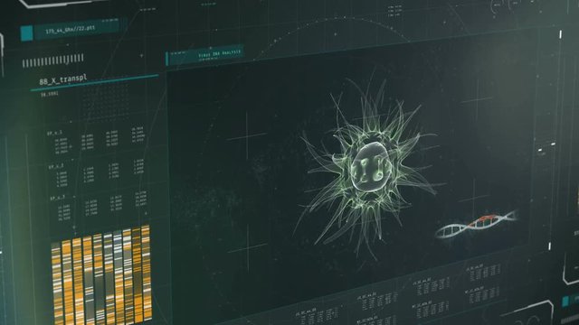 HIV, cancer virus found in DNA, forensic lab research, genetic disorders. Medical software interface with DNA scan results, virus detected, lab equipment