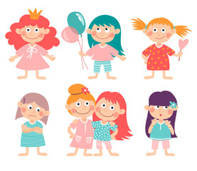 Set of illustrations with girls. Different types of activities and emotions