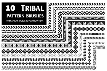 Ethnic vector pattern brushes with inner and outer corner tiles. Perfect for creating design elements, tribal geometric ornament, frames, borders and more. All used brushes included in brush palette.