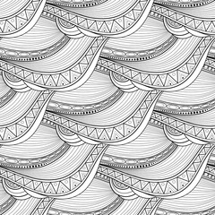 Vector Monochrome Wave Seamless Pattern. Original Ornate Design, Contour Paisley Garden Style. Indian Stylization. Doodle Style Coloring Book Page