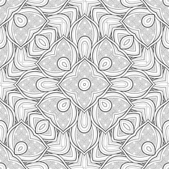 Fototapeta premium Monochrome Seamless Pattern with Ethnic Motifs. Endless Tribal Texture. Tile Background, Kaleidoscope. Coloring Book Page. Vector Contour Illustration. Abstract Mandala Art, Doodle Sketchy Style