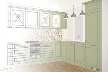 3D illustration. Beautiful cassic kitchen design in light interior. Kitchen sketch. Home Interior Design Software Programs. Cover.
