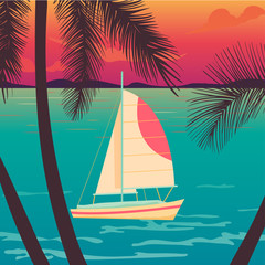 Yacht on a sunset and silhouettes of palms.