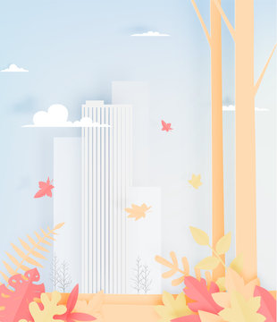 Beautiful Autumn leaves and city paper cut style