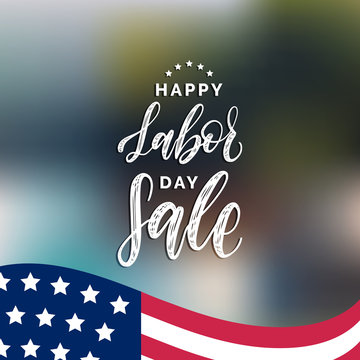 Vector Happy Labor Day Sale card. Poster with hand lettering of national american holiday. Special offer banner.