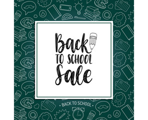 Back To School Sale poster. Vector hand lettering in frame. Children education background. Knowledge day design concept