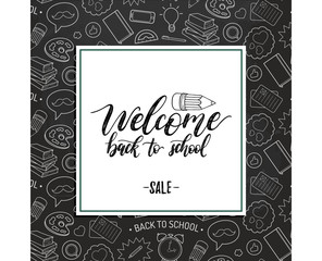 Back To School Sale poster. Vector hand lettering in frame. Children education background. Knowledge day design concept