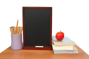 education  board pencil, book and apple art  on  isolated  background concept idea