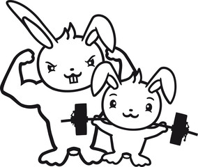 kerl posen 2 freunde groß papa anfänger muskeln training stark gewicht heben bodybuilder stehend freundlich begrüßen kaninchen hase klein süß niedlich glücklich