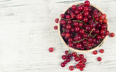 Fresh ripe red currants on rustic wood background.