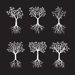 Set of White Trees with Roots. Vector Illustration.