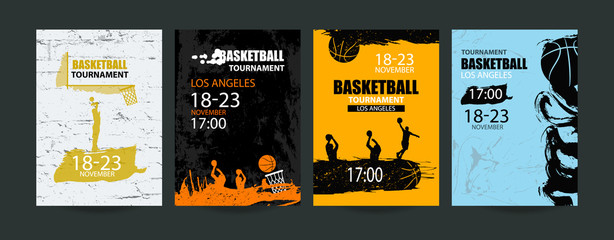 Set of basketball designs. Hand drawing, grunge style. A collection of sports covers, wall textures, flying ball, a sketch of players. EPS file is layered.