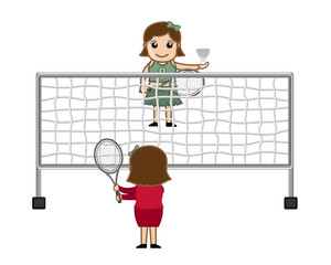 Happy Cartoon Girl Playing with Tennis Racket