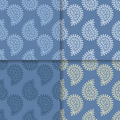 Blue set of paisley ornaments. Seamless patterns