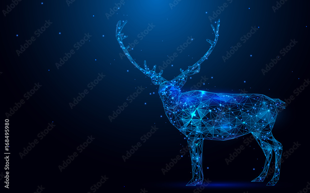 Poster low polygon reindeer wireframe mesh on blue background