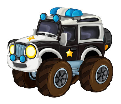 cartoon happy and funny off road police car looking like monster truck / vehicle 