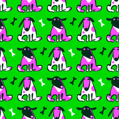 Fototapeta na wymiar Seamless vector pattern with cute funny dogs and their treats bones. Simple endless background, can be used, as wrapping paper, website wallpaper for children and pets. Seamless backgrounds collection