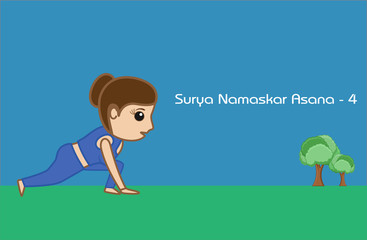 Yoga Cartoon Vector Pose - Surya Namaskar Asana Step - 4