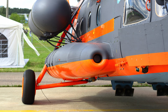 a cargo helicopter on the ground closeup