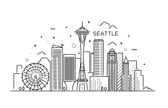 Banner of Seattle city in flat line trendy style. Seattle city line art.