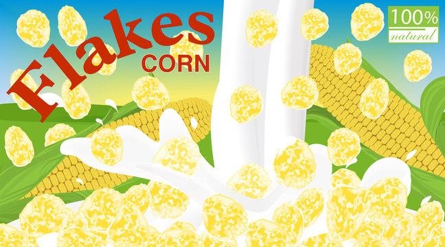 Corn flakes. Design for box. Milk pouring. Label for cereal package. Background field, sky and sun. Vector