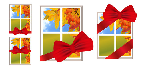 Window with red ribbon and bow as a gift with a landscape autumn view, branch of rowan. Set illustrations over white background.