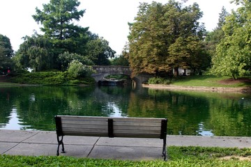 Fototapeta na wymiar The empty park bench in the park by the pond.