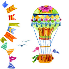Air balloon and a garland of flags watercolor.