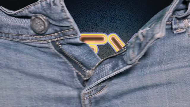 The hands of a woman opening the zipper of a pair of jeans, revealing a flickering neon sign over a wall, with the text Sex, flat style.
