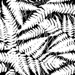 Seamless pattern with leafs tropical fern palm for fashion textile or web background. white silhouette on Black background. Vector