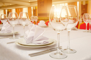 Serving banquet table in a restaurant on the sunset