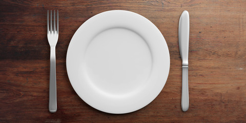 Place Setting isolated on wooden background. 3d illustration