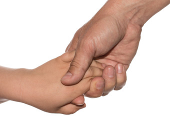 Hand of a child and father on a white background
