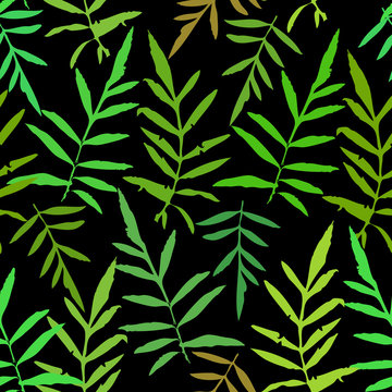 Seamless pattern with leafs tropical fern palm for fashion textile or web background. Green silhouette on black background. Vector