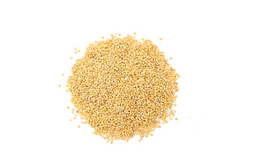 Heap of organic millet groats, top view, isolated