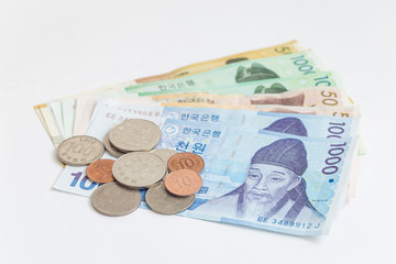 Different value South korean currency bill and coins, save your money concept