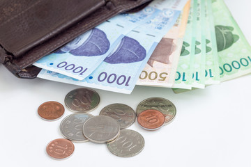 Different value South korean currency near a wallet , save your money concept
